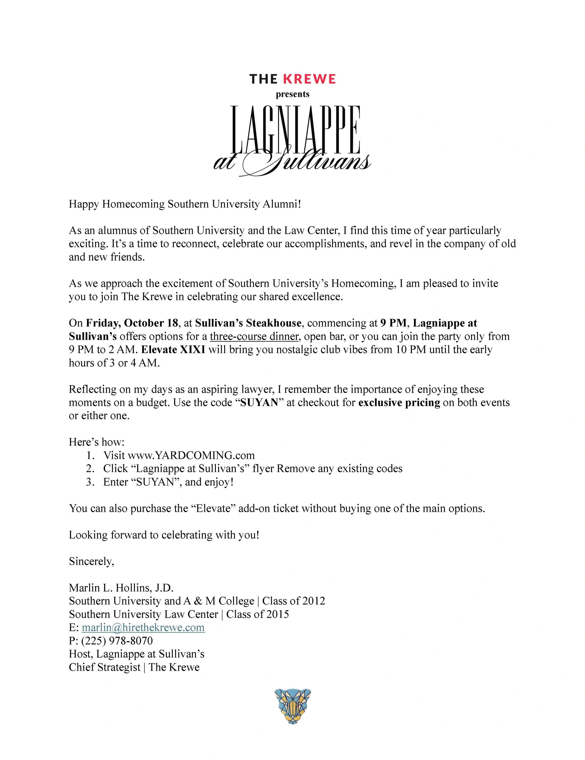 Invitation to Southern University Alumni homecoming event by The Krewe.