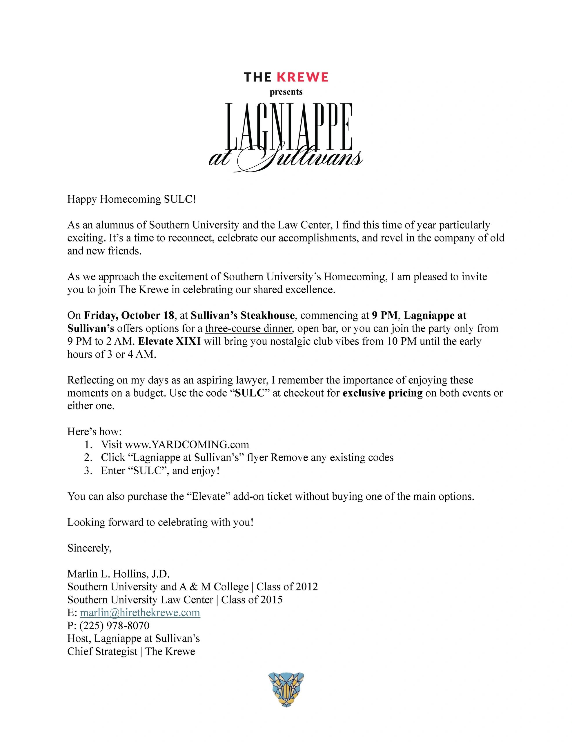 Invitation letter for Southern University Law Center homecoming event at Sullivan's Steakhouse.