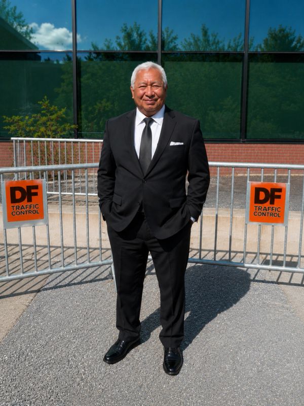 An elderly man in a black suit stands confidently outdoors in front of traffic control barriers.