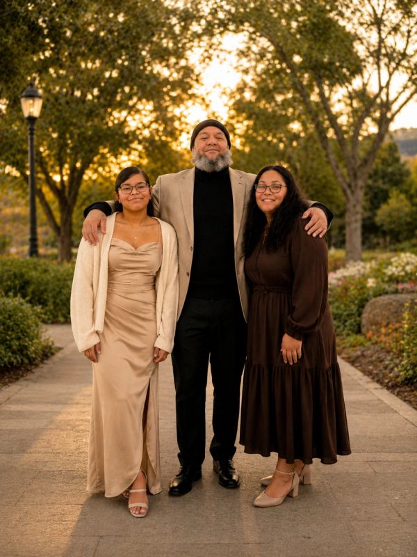 A man with two women posing outdoors during golden hour.