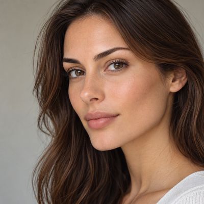 Close-up portrait of a woman with brown hair and clear skin.