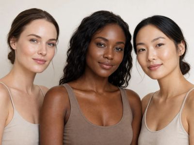 Three diverse women smiling together.