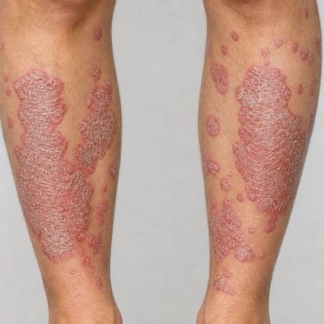 Legs with red, scaly skin patches indicating a skin condition.