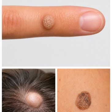 Close-up images of skin growths and a scalp cyst.