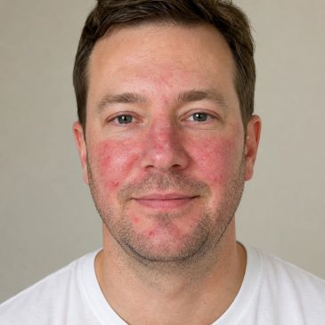 Man with facial redness and acne spots.