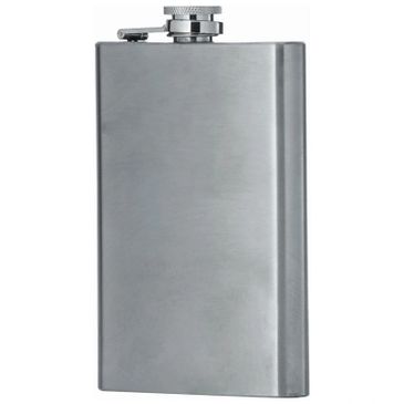 A sleek stainless steel hip flask with a secure screw cap.