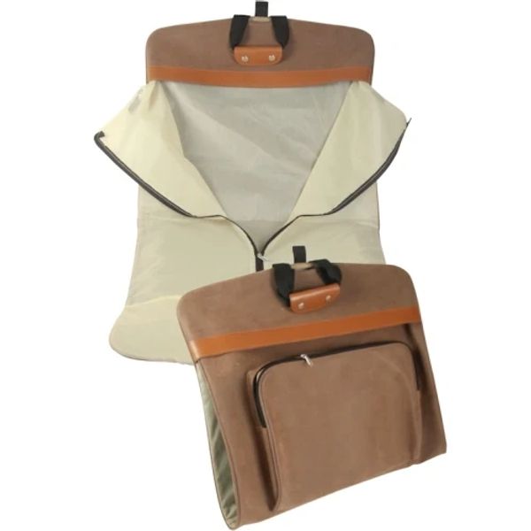 Brown faux suede garment bag with zipper.