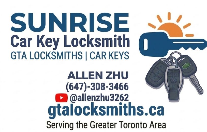 Sunrise Car Key Locksmith contact info with keys and sunrise logo.
