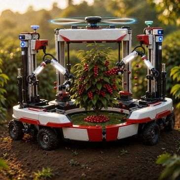 Futuristic robot harvesting berries with precision in a garden.