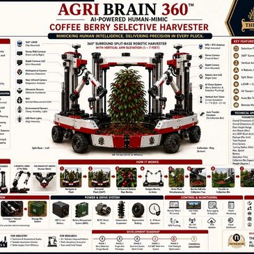 AI-powered coffee berry selective harvester with robotic arms and precise picking.