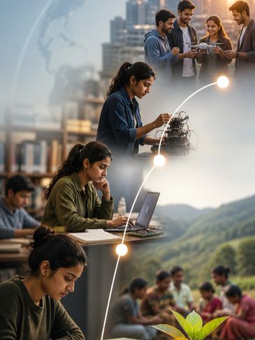 Young woman engaged in technology and learning activities in diverse settings.