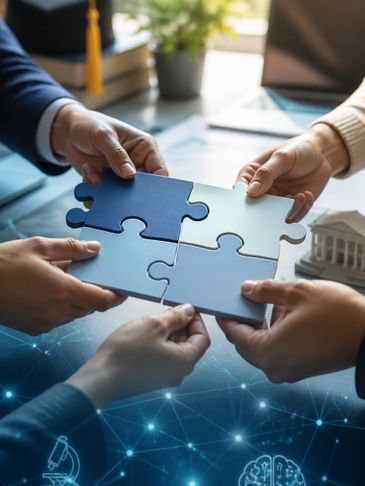 Four hands holding connected puzzle pieces symbolizing teamwork.