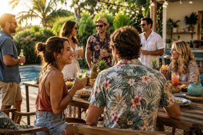 Group of friends enjoying a casual outdoor gathering by the pool.