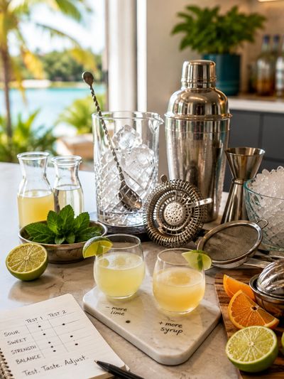 Bartending tools, citrus, ice, and tasting glasses arranged for learning cocktail balance, dilution,