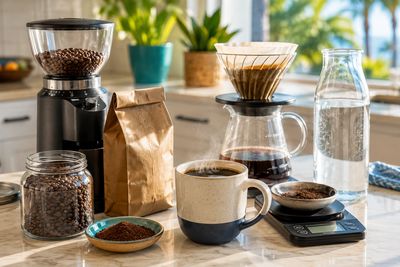 Home coffee setup with whole beans, burr grinder, pour-over brewer, scale, water, and fresh coffee.