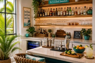 Cozy home bar with tropical vibe and cocktail setup.