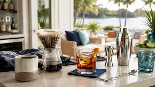 Coffee, cocktail and home bar tools arranged on a bright Florida patio bar.