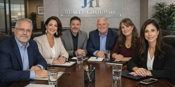 Six professionals sitting around a conference table at JH Realty Group LLC.