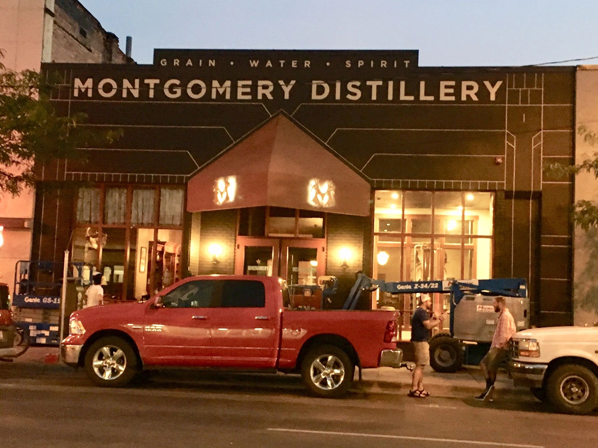 Facade of the Montgomery Distillery in Missoula, Montana with painted accent lines and lettering