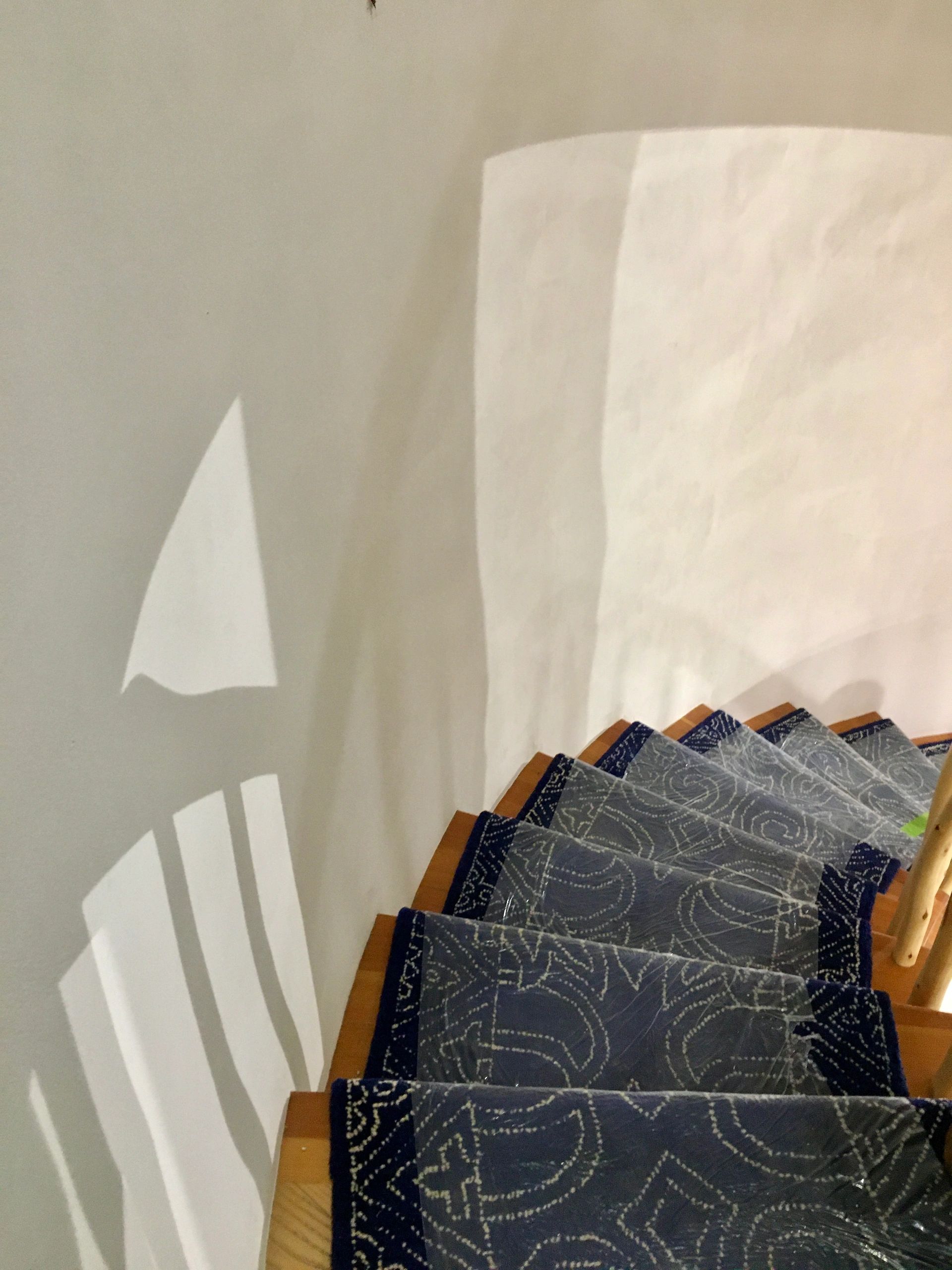 Wood spiral staircase with blue carpets on steps and white plaster walls viewed from above