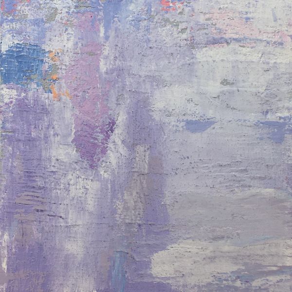 Abstract, textural painting comprised of mostly lavender, periwinkle, and white paint