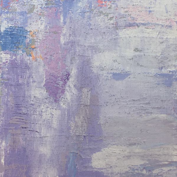 Abstract, textural painting comprised of mostly lavender, periwinkle, and white paint
