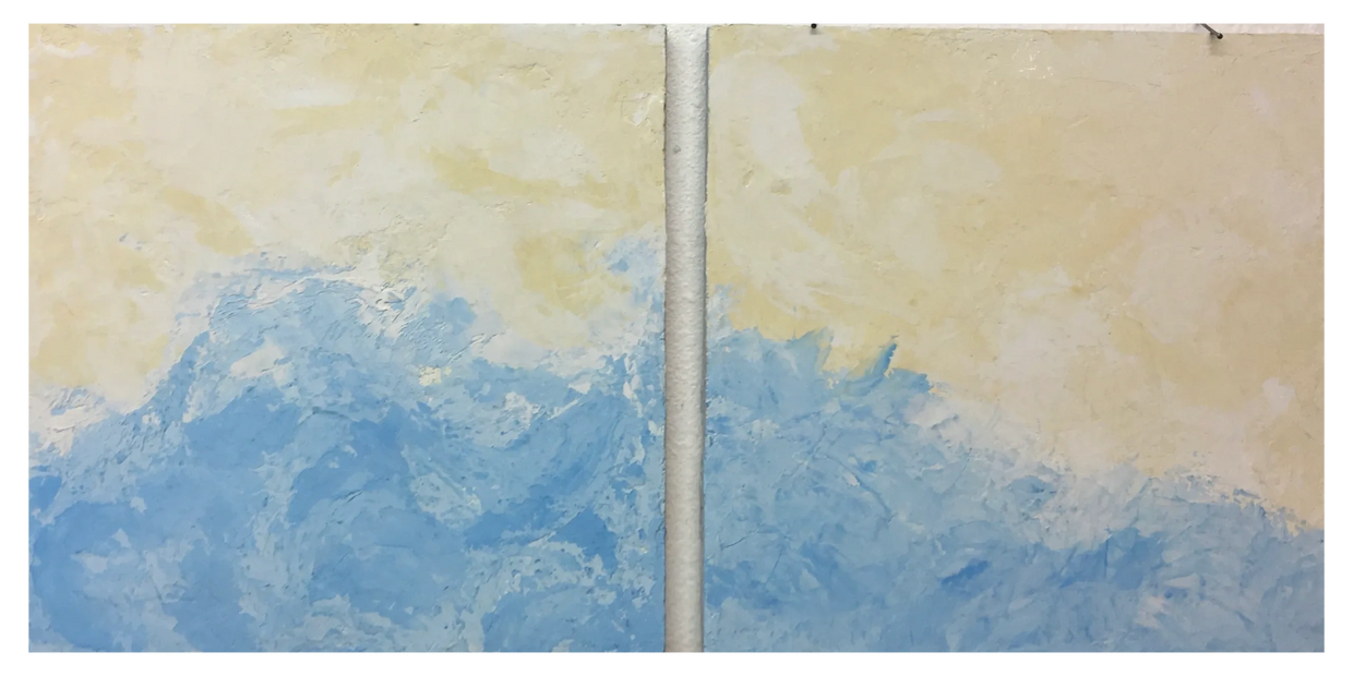 Painting spread across two adjacent square canvases with a yellow upper half and blue lower wave