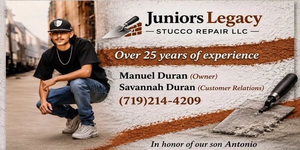 Man posing for Juniors Legacy Stucco Repair ad with contact info and experience.