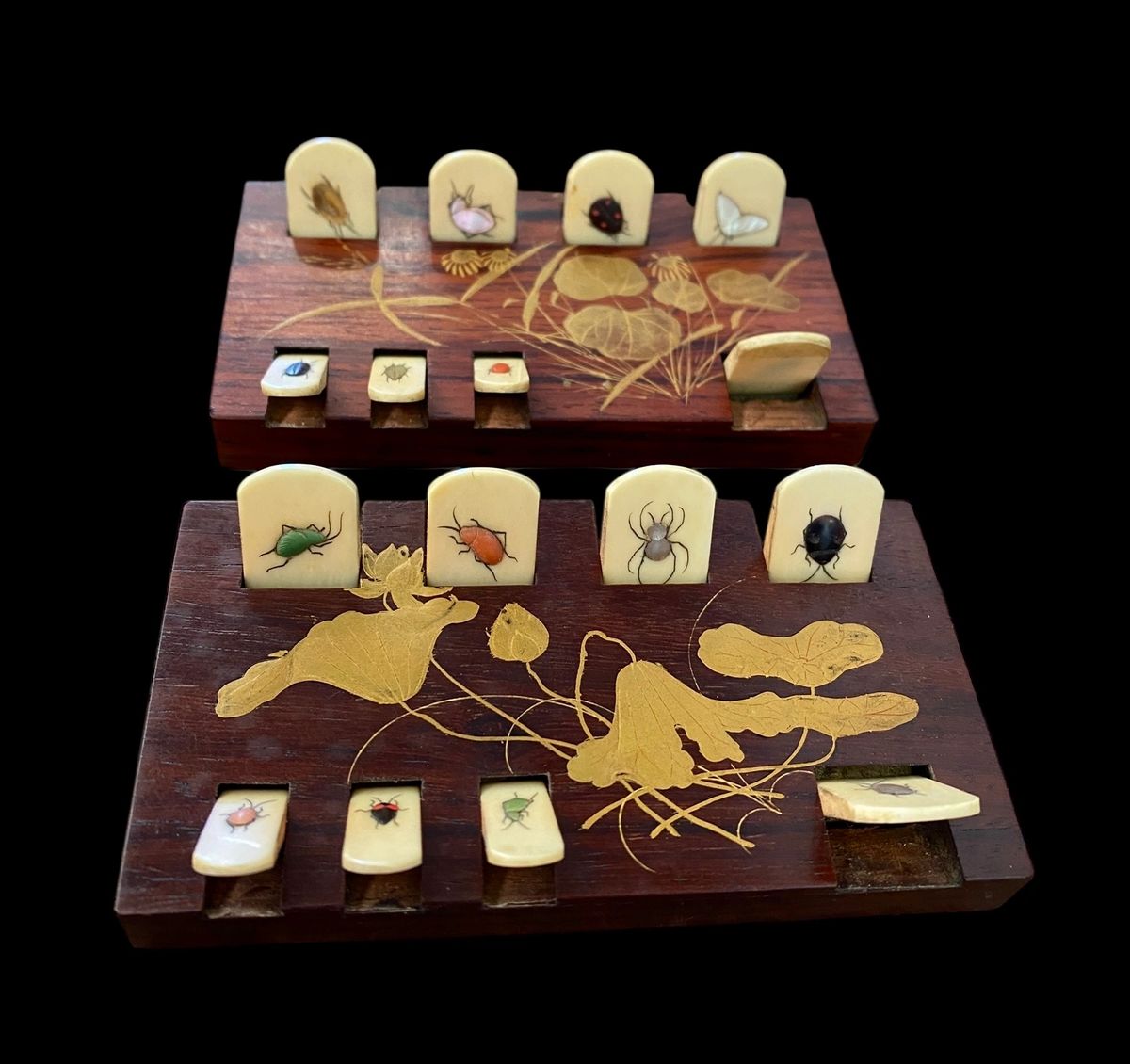 Pair of Meiji Shibayama Rosewood Counters With Insects Circa 1900