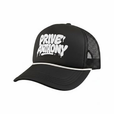 Black trucker hat with white graffiti text.