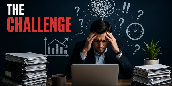 Stressed man facing a challenge at work with piles of documents and question marks.