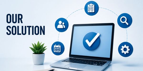 Laptop displaying a checkmark surrounded by icons representing solutions and teamwork.