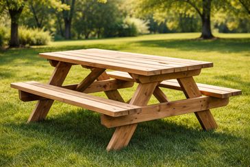 Standard 6 foot table made from pressure treated lumber.

