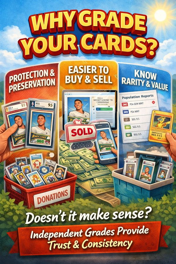 Benefits of grading cards: protection, easier buying/selling, and knowing rarity.