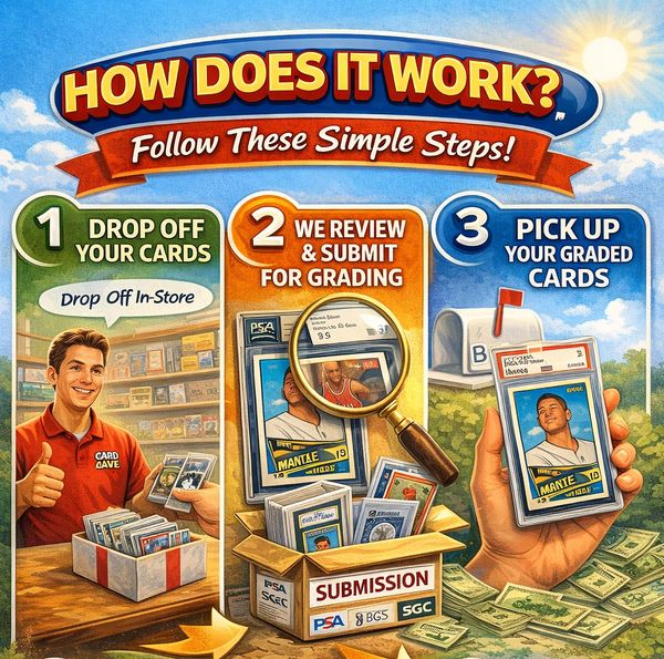 Steps for grading cards: drop off, review and submit, then pick up graded cards.