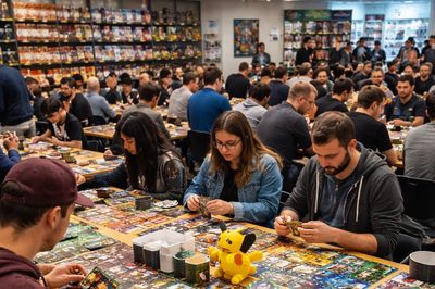 People playing card games in a crowded tournament room.