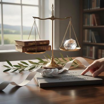 A scale balancing books labeled Ethics, Values, Integrity against a crystal, with words Honesty, Compassion, Accountability on a book.