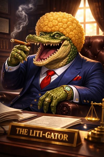 A dapper alligator lawyer smoking a cigar in a luxurious office.