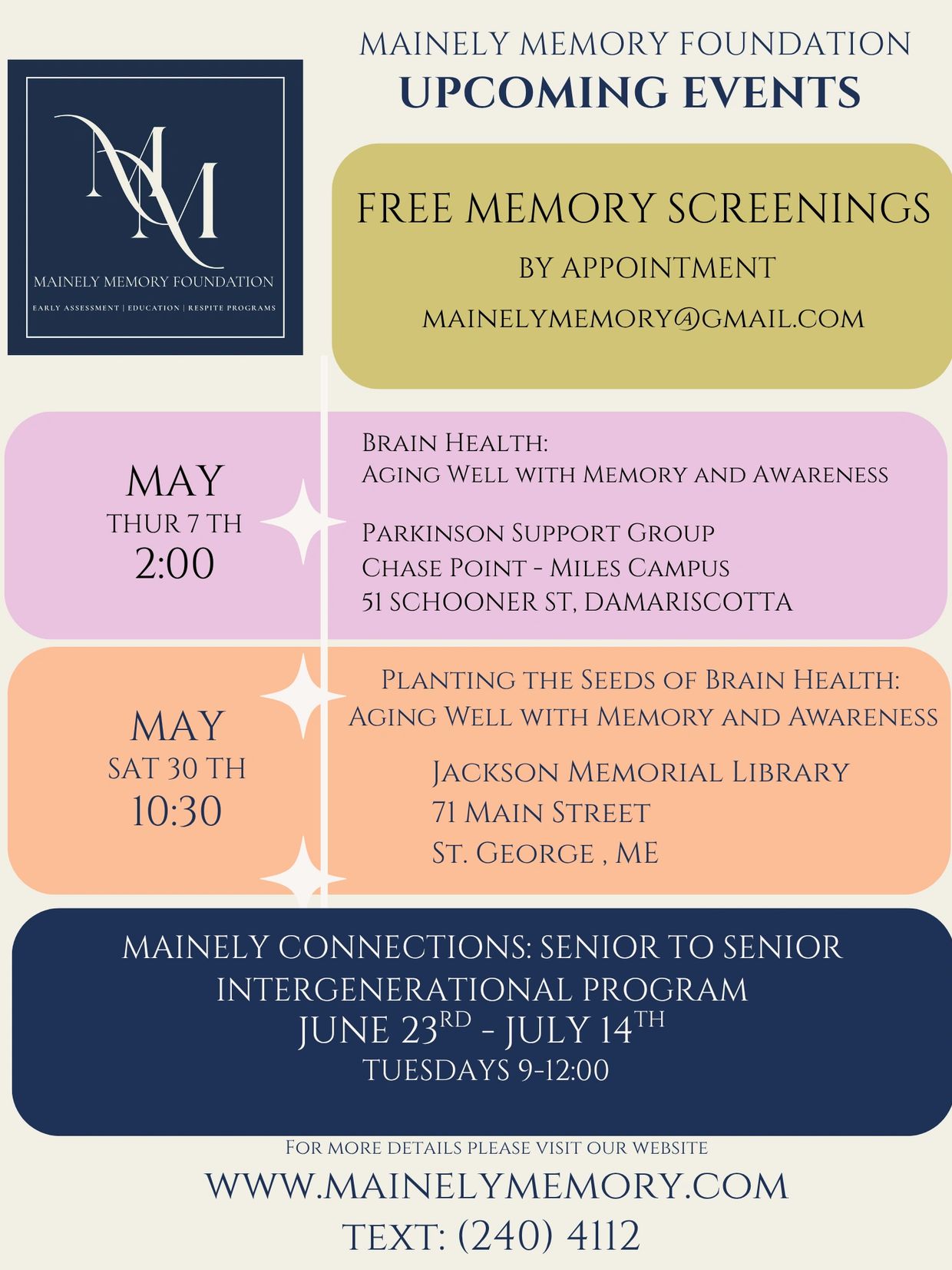 Upcoming memory health events by Mainely Memory Foundation in May and June.