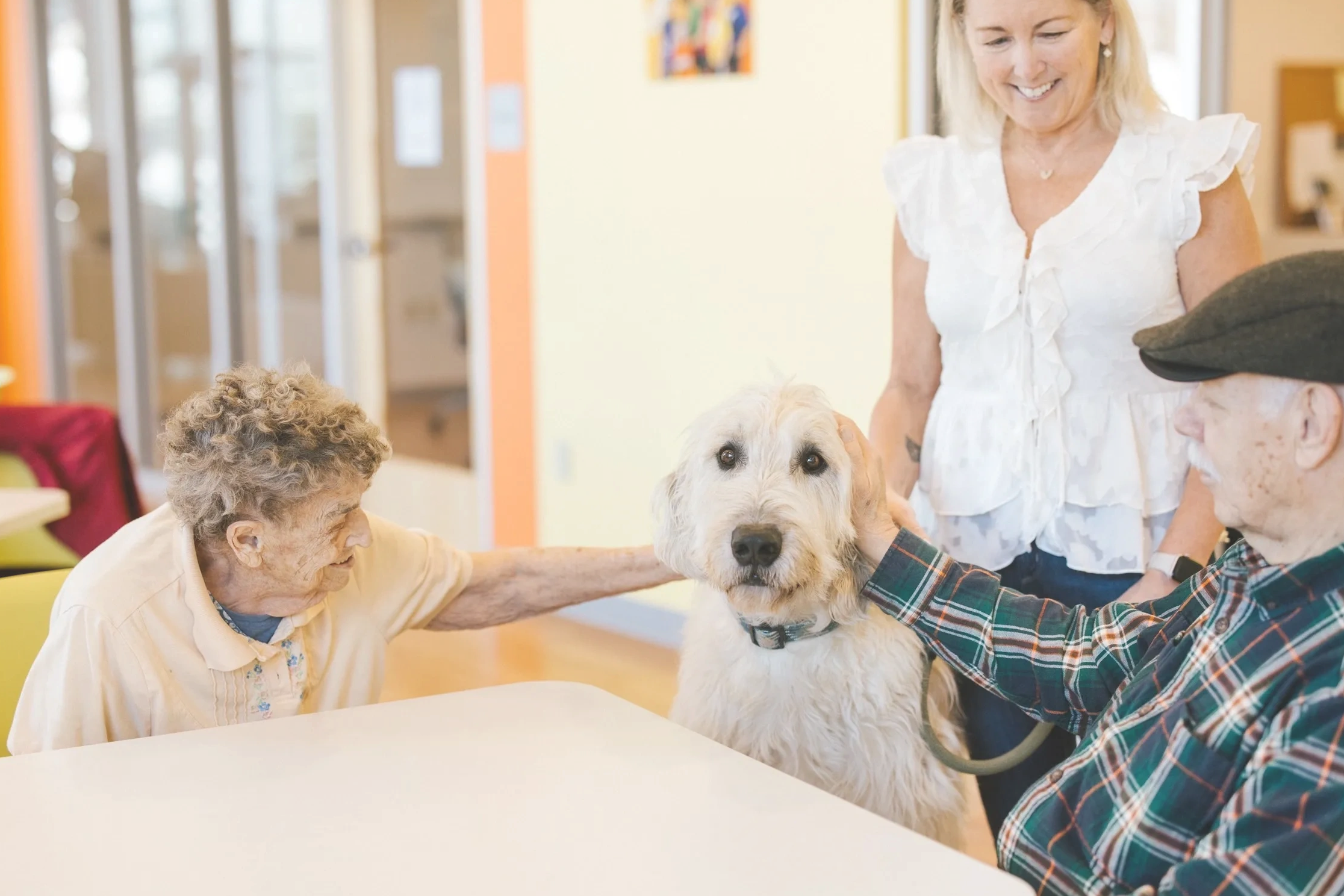 Elderly couple petting a large dog with a smiling woman nearby.