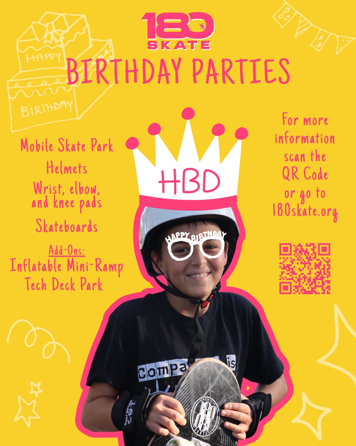 Skate-themed birthday parties with gear and add-ons.