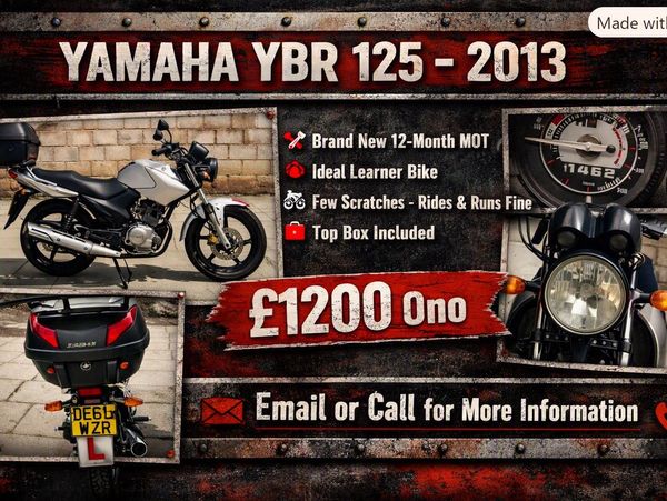 Yamaha YBR 125 motorcycle for sale, 2013 model, £1200.