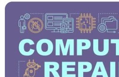 Illustration promoting computer repair services with related icons.