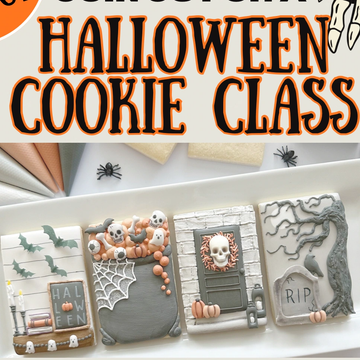 Decorated Halloween-themed cookies for a baking class.