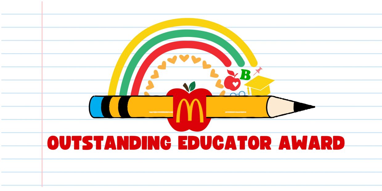 Colorful Outstanding Educator Award logo with pencils and rainbow.