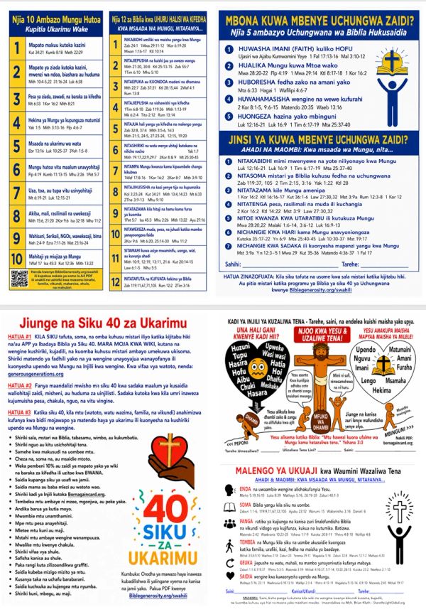 Swahili infographic explaining 10 ways to practice gratitude and 5 biblical ways to overcome challenges.