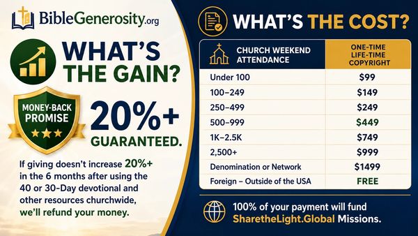 BibleGenerosity.org offers a 20%+ money-back promise to increase church attendance with various pricing tiers.