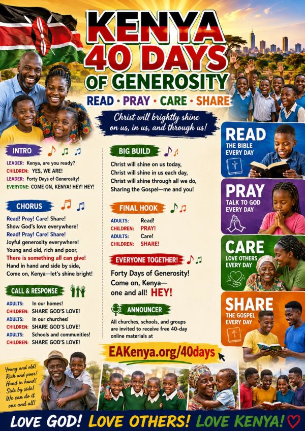 Kenya 40 Days of Generosity campaign poster promoting reading, praying, caring, and sharing.