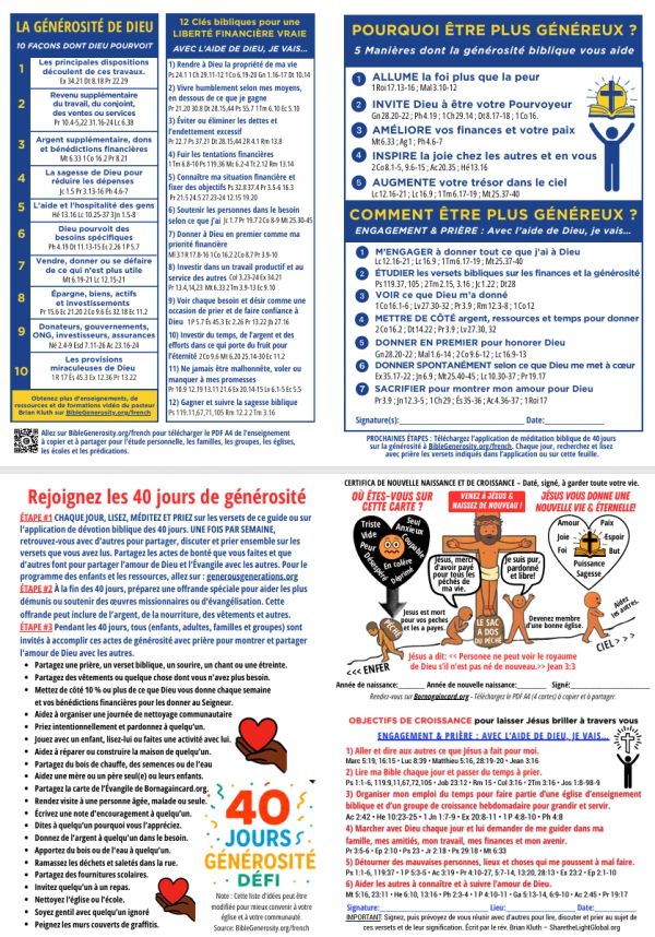 Affiche expliquant la générosité selon la Bible et invitant à un défi de 40 jours.