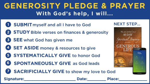 Generosity pledge with seven commitments to God and next steps.